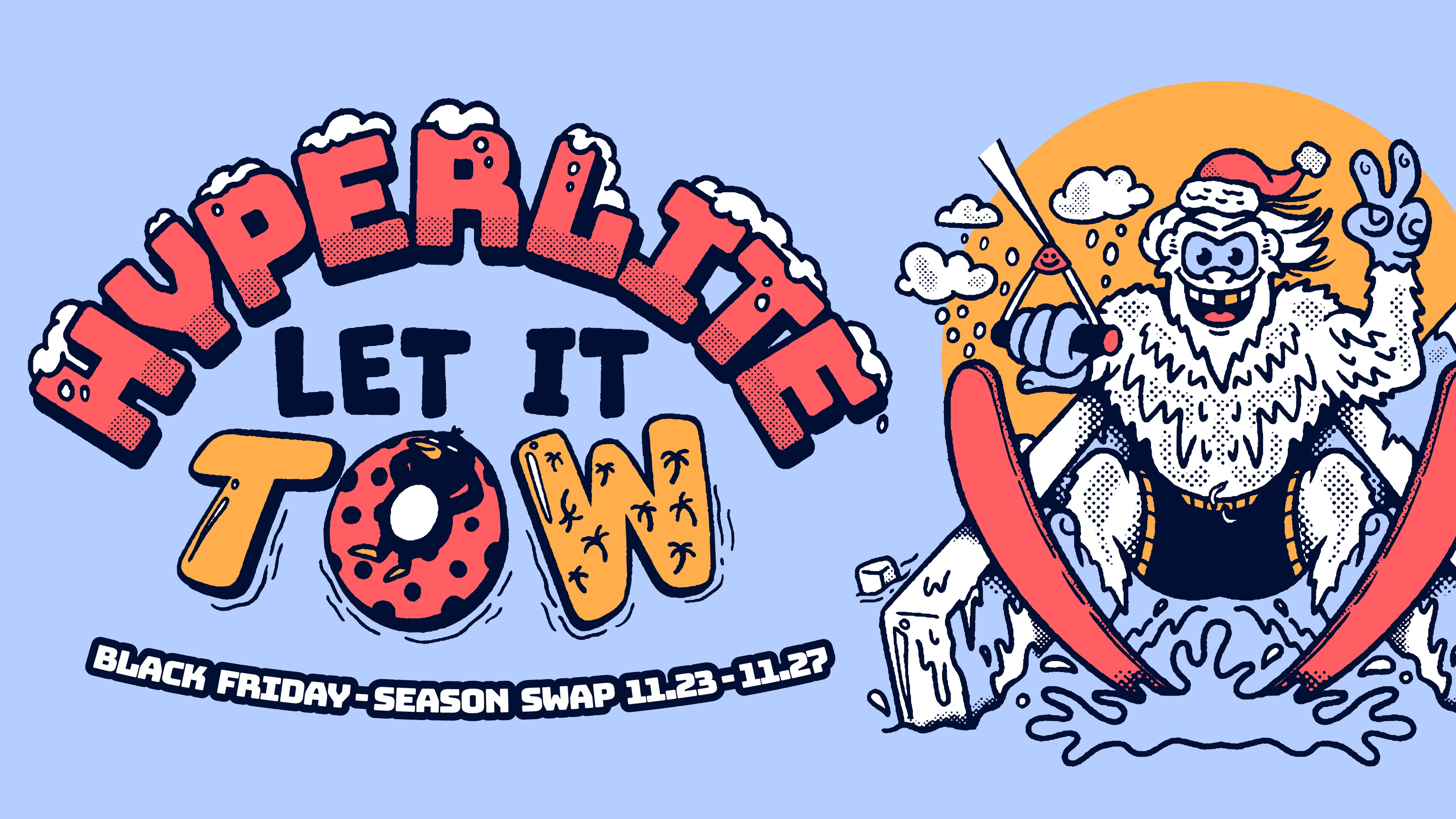 Drawing of a skiing yeti with text promoting a Black Friday sale.