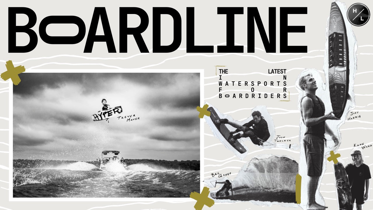 Collage of wakeboarding actions and water sports branding.