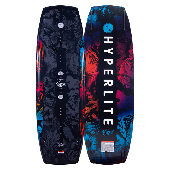 Top and base of Venice 2023 wakeboard, HYPERLITE text, vibrant patterns, and Variable Edge Design.