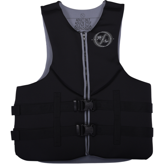 Mens Indy Big & Tall CGA vest, black/gray; USCG approved, with buckles and zipper.