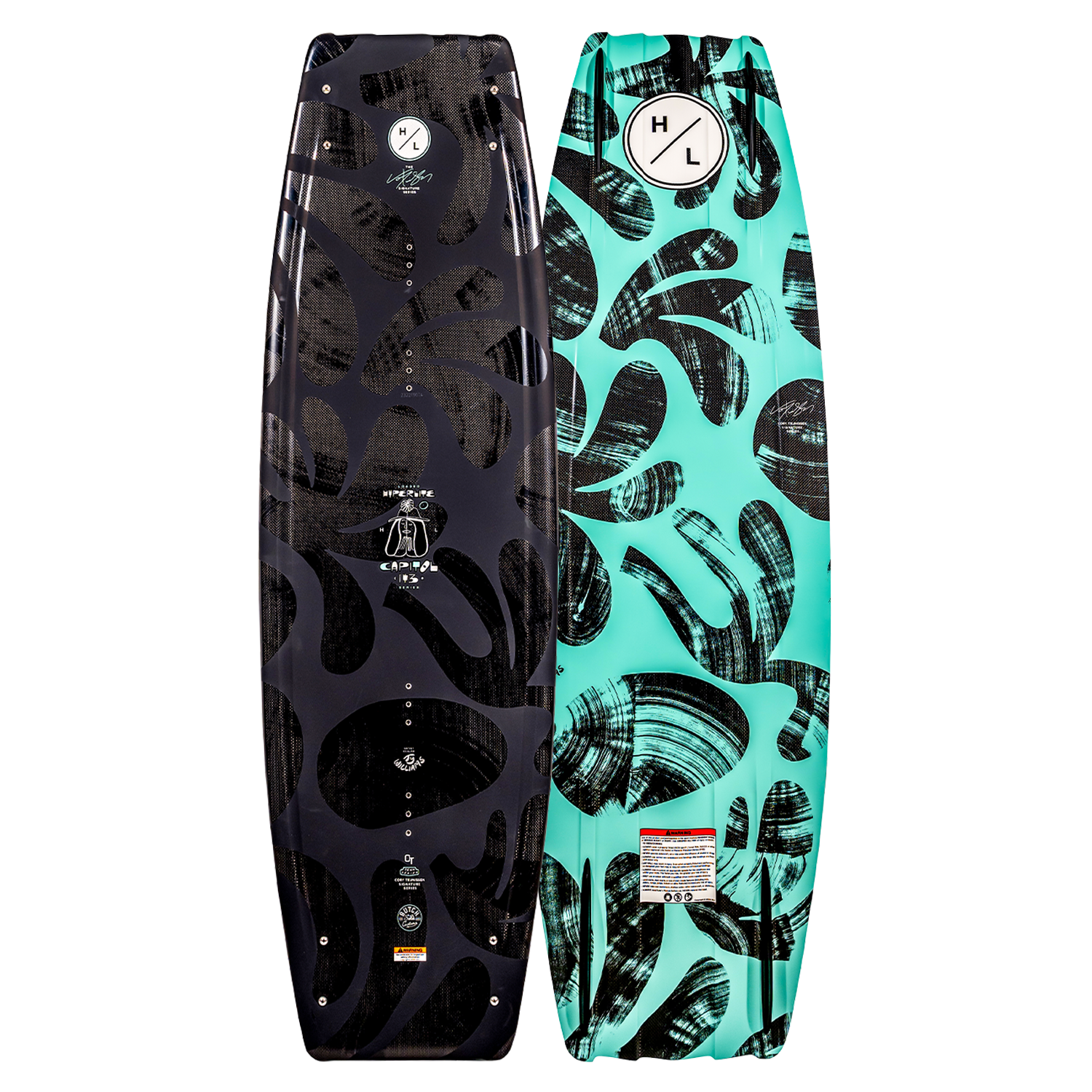 Capitol Loaded wakeboard feature a black and teal abstract leaf pattern.