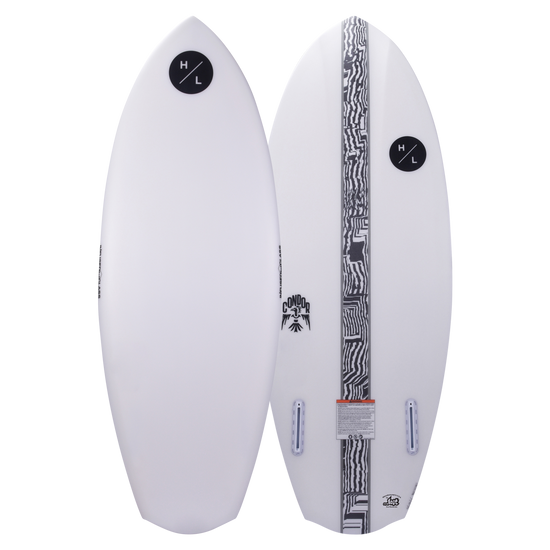 Top and base of white Condor wakeboard with black logos and patterns.