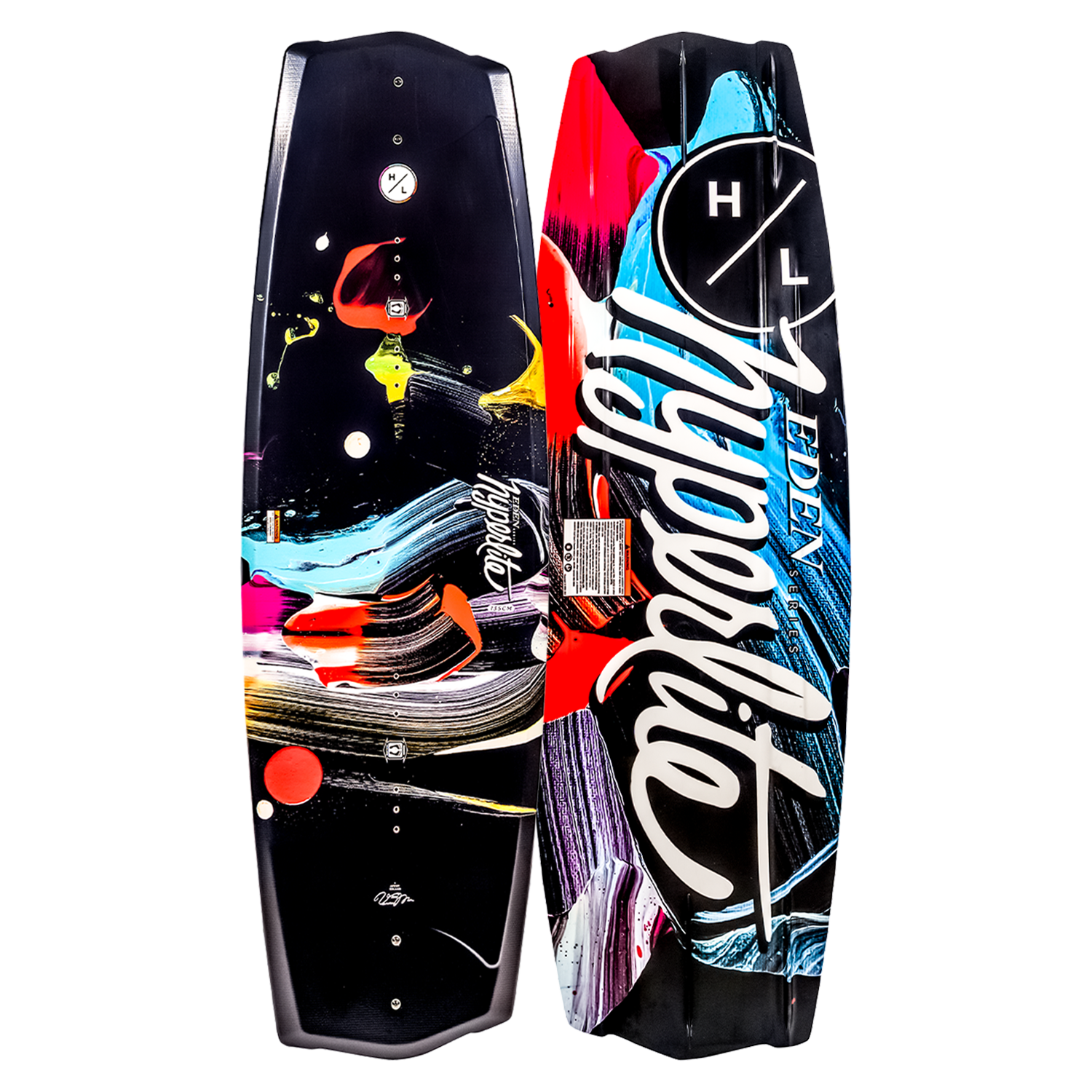 Two asymmetrical 125cm wakeboards, vibrant and labeled Hyperlite Eden Jr.