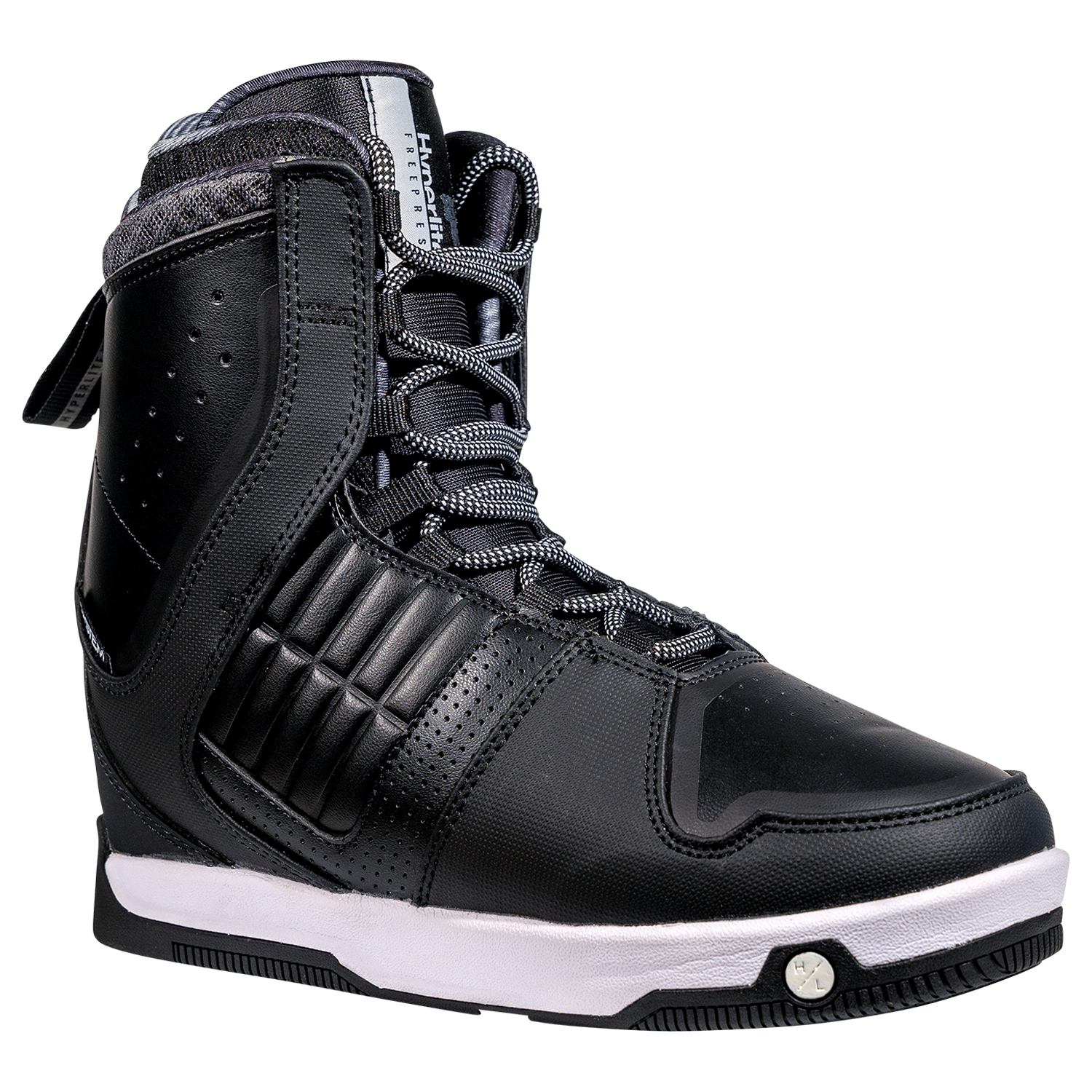 Freepress Boot: Black/gray snowboard boot with laces and ankle harness.