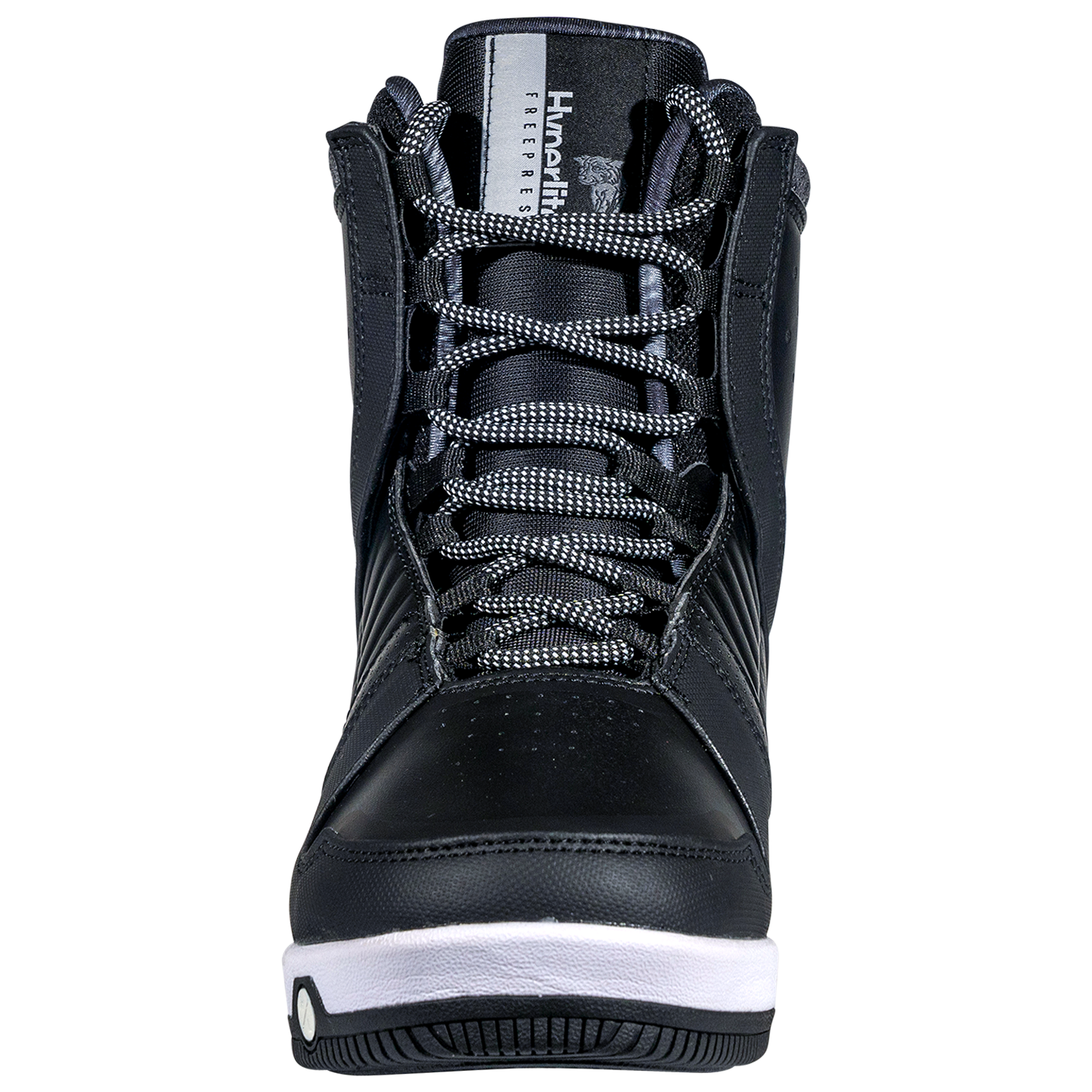 Front view of the Freepress Boot: black high-top with patterned laces, white sole, ankle harness.