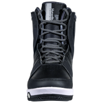 Front view of the Freepress Boot: black high-top with patterned laces, white sole, ankle harness.