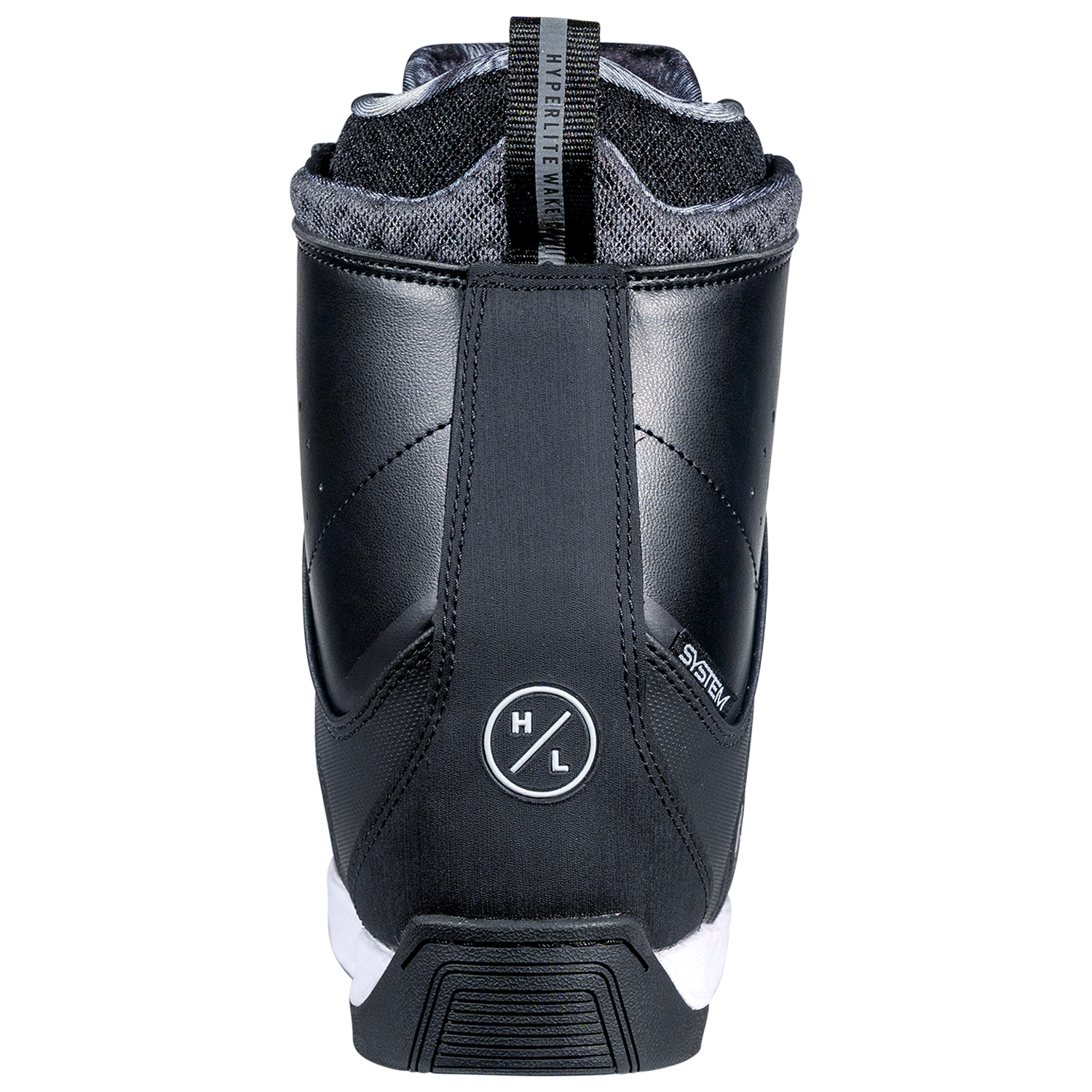 Freepress Boot: Black w/ ankle harness, circular logo & white sole.