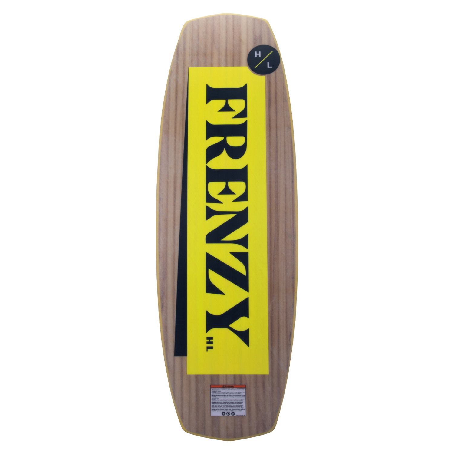 Frenzy Jr. 130cm wakeboard with wooden finish and bold yellow FRENZY text on top.