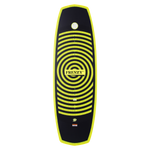 Frenzy Jr. 130cm wakeboard with yellow concentric circles and a Woodlite Core.