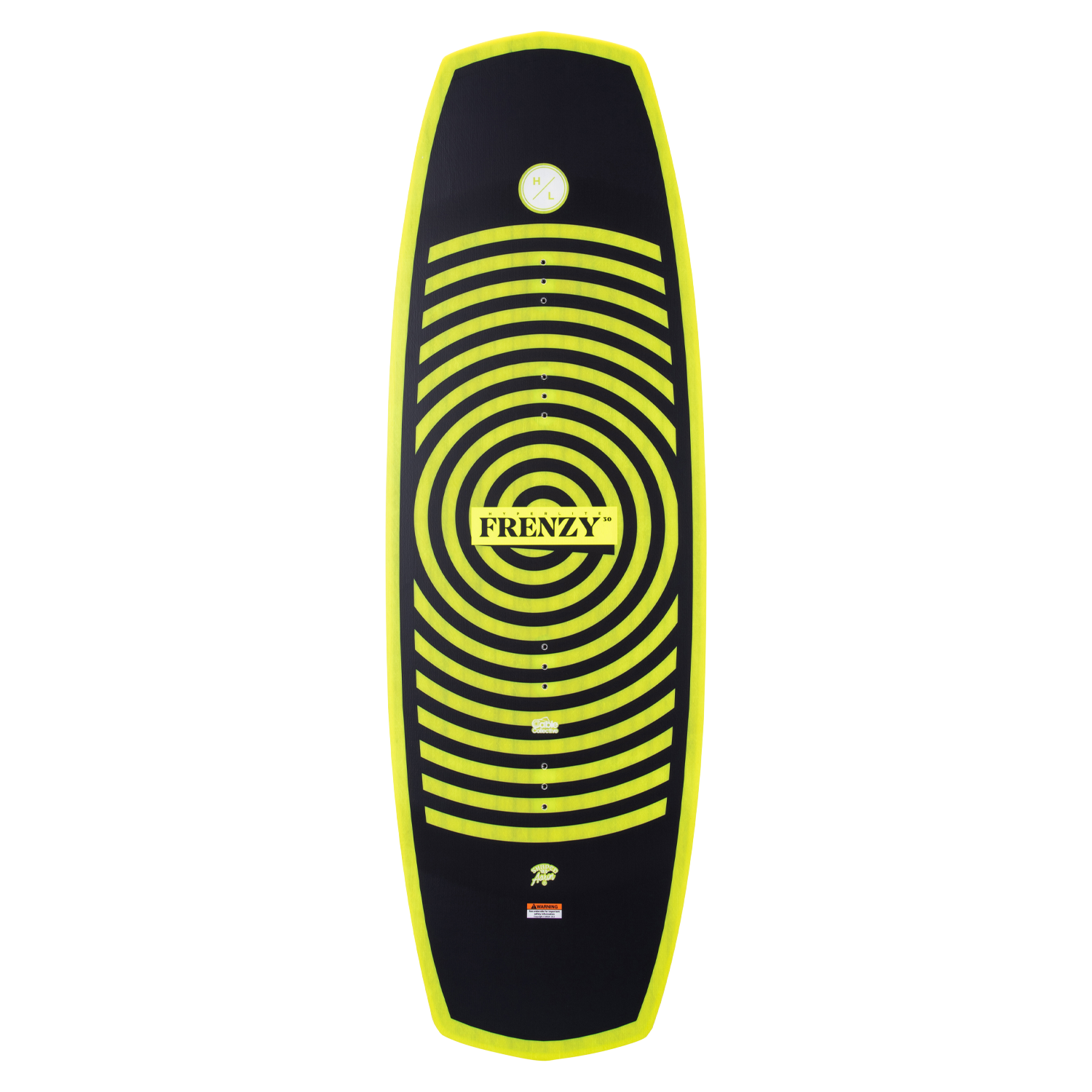 Frenzy Jr. 130cm wakeboard with yellow concentric circles and a Woodlite Core.
