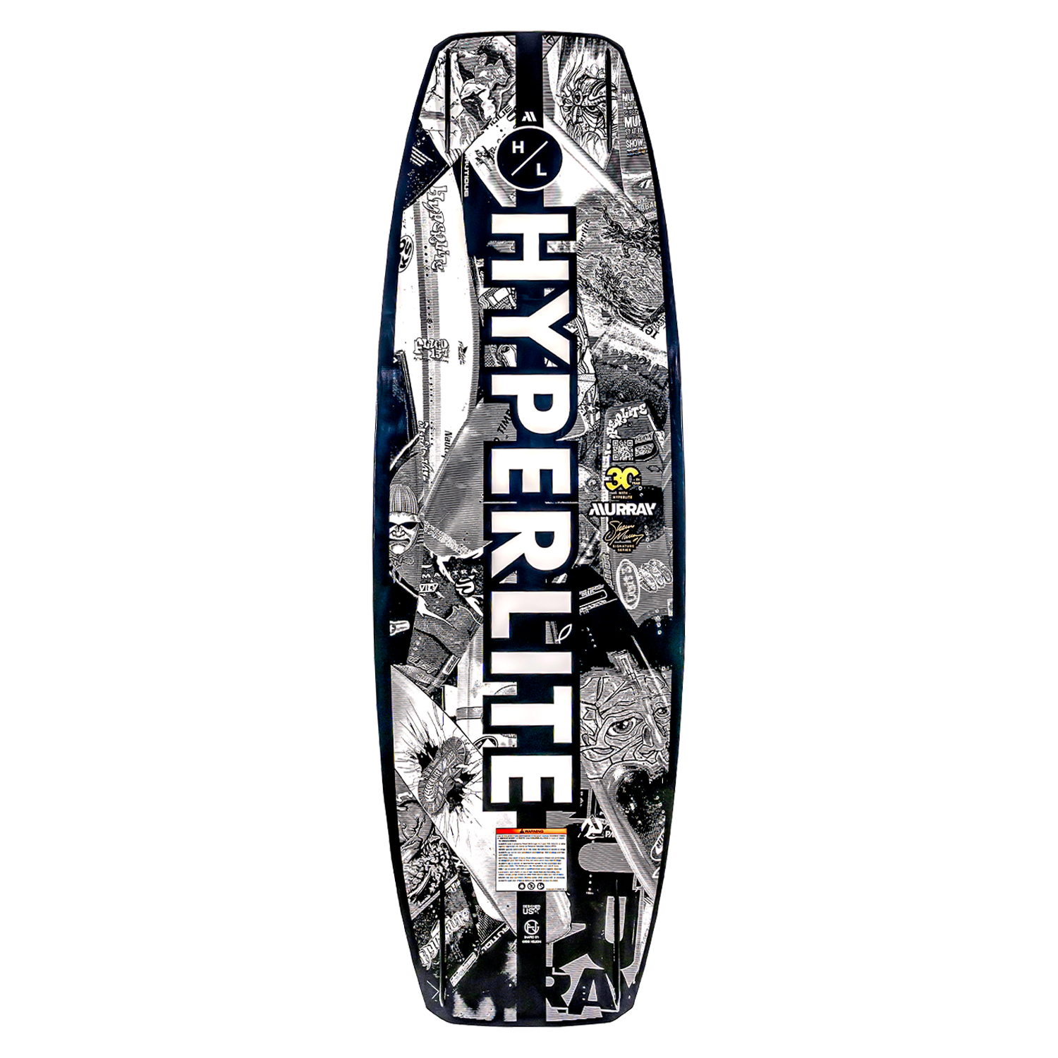 A black & white Hyperlite Murray Pro wakeboard with a Subtle 3-Stage Rocker and graphics.