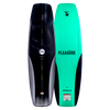 Top and base of wakeboard, both with Pleasure text and Woodlite Core, in black/gray and turquoise.