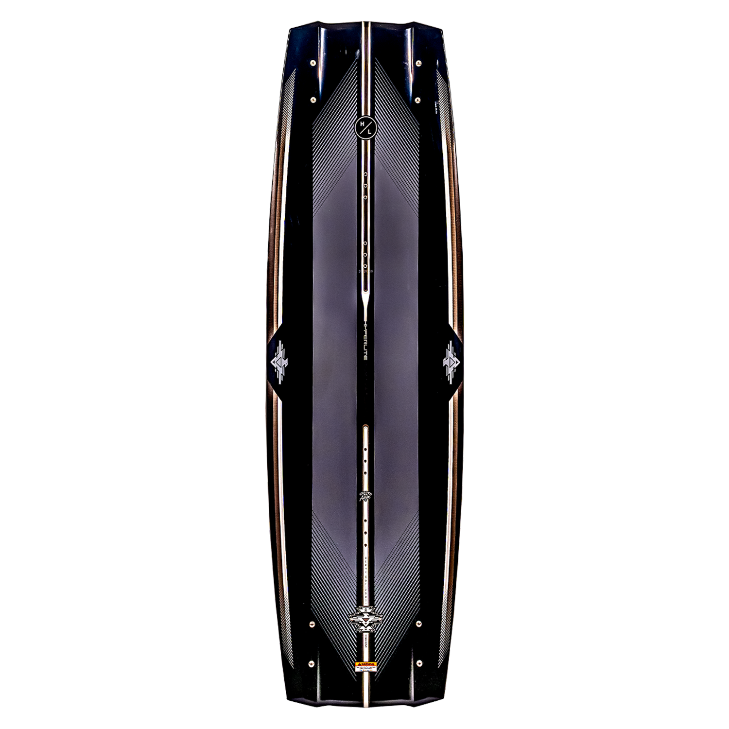 Top view of a Rusty Pro wakeboard in black and silver with stylish patterns.