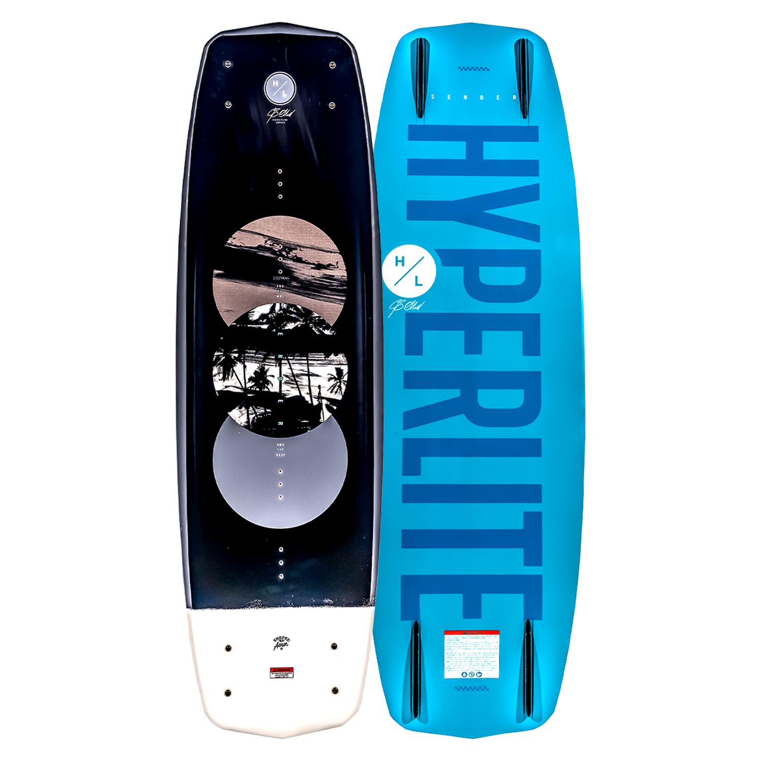 Top and base of Sender wakeboard: beach design and blue HYPERLITE, with a 3-Stage Rocker.