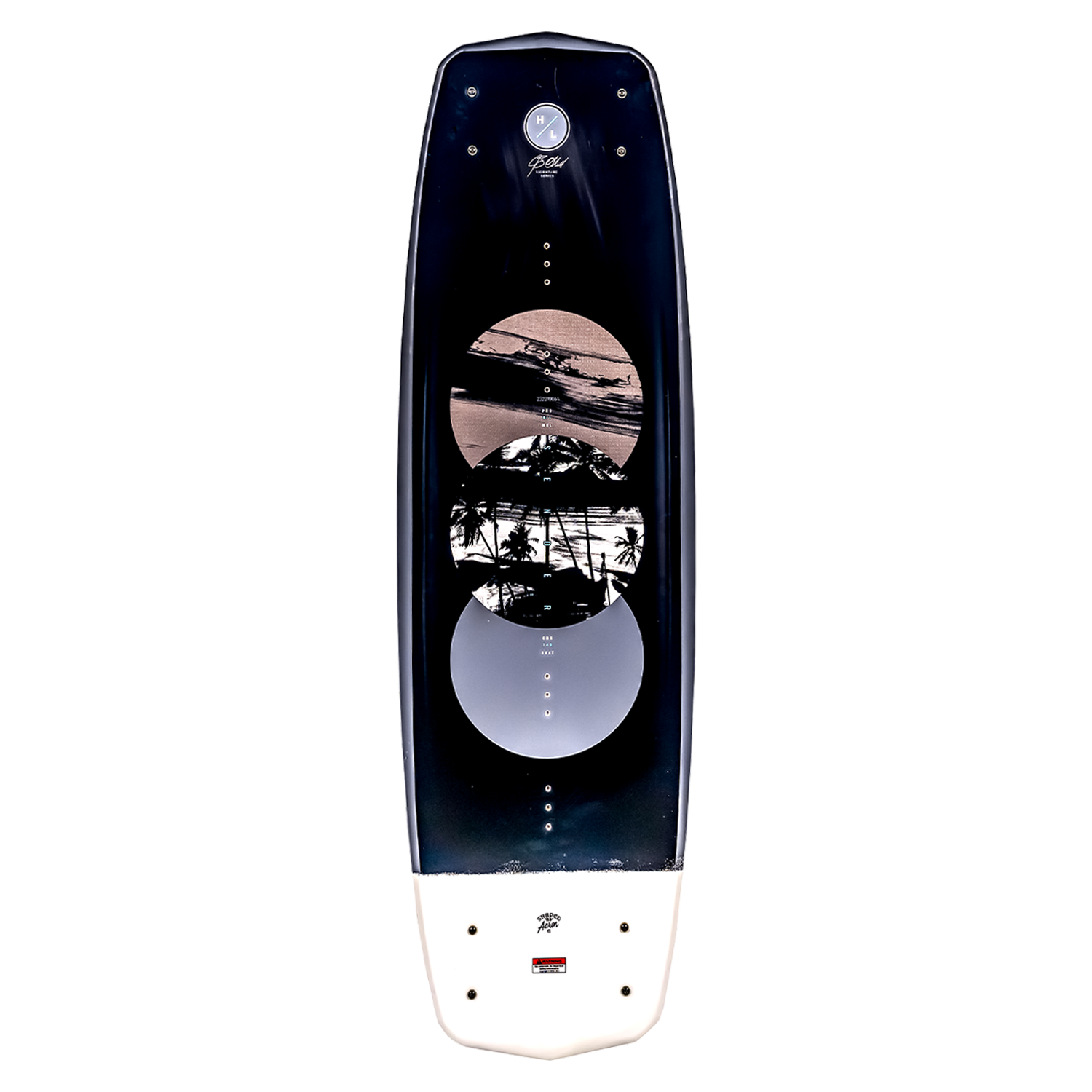 Sender wakeboard with circular graphics, palm trees, and a sleek dual concave base.