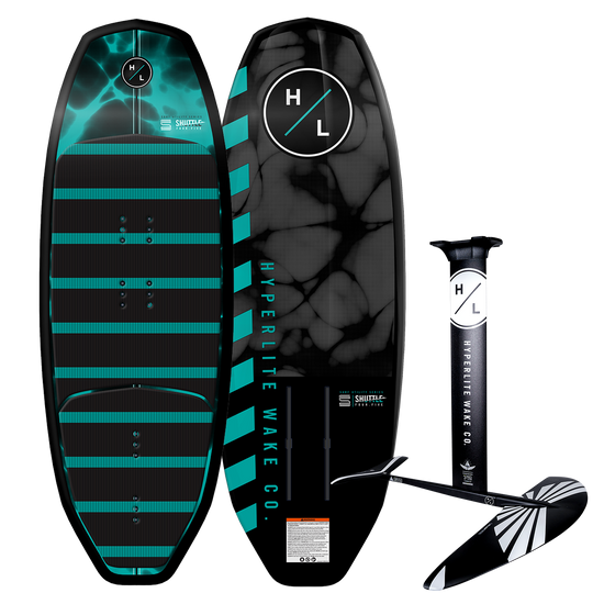 Top and base of Hyperlite Shuttle wakeboard include the Falcon Foil Kit with teal and black designs.