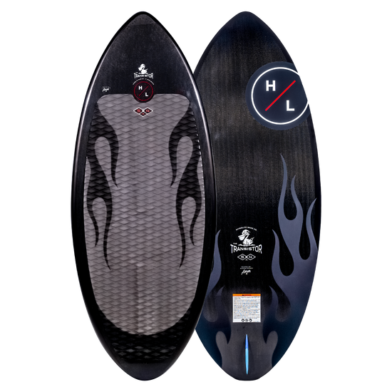 Top and base of black Transistor wakesurfer with flame designs and H and L logos, carbon woven.