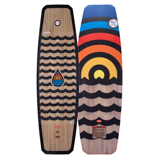 Top and base of colorful Union wakeboard with wave and drop motifs feature a strong Woodlite Core.