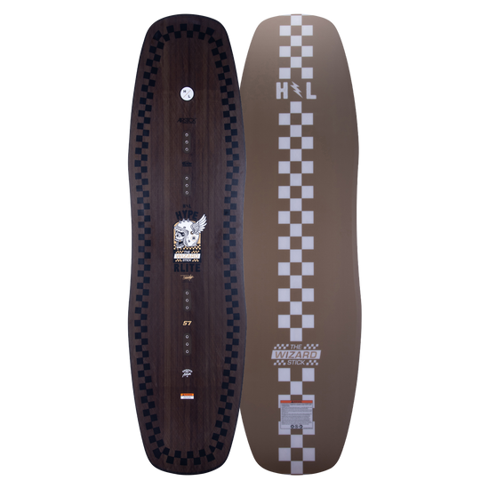 Top and base of Wizardstick wakeboard in brown with checkered patterns and intricate designs.