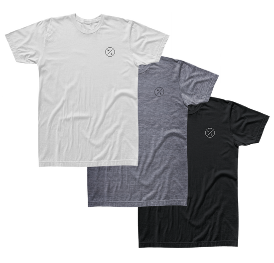 Shop Tee (3 Pack): white, grey, and black T-shirts with chest logos.