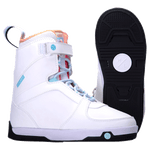 Aries Boot 2024: White snowboarding boots with orange/blue accents, traction outsole, front lace-up.
