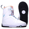 Aries Boot 2024: White snowboarding boots with orange/blue accents, traction outsole, front lace-up.