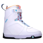 Aries Boot 2024: white snowboard boot, rubber traction sole, colorful interior accents.