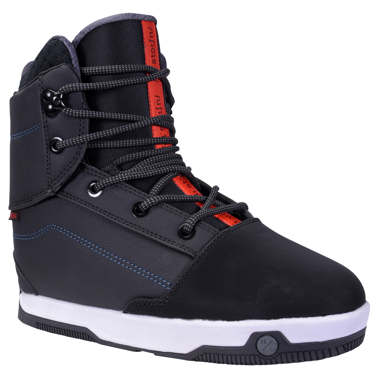 Distortion Boot: black/red snowboard boot with white sole, and 3D Heat Moldable Pro Liner.