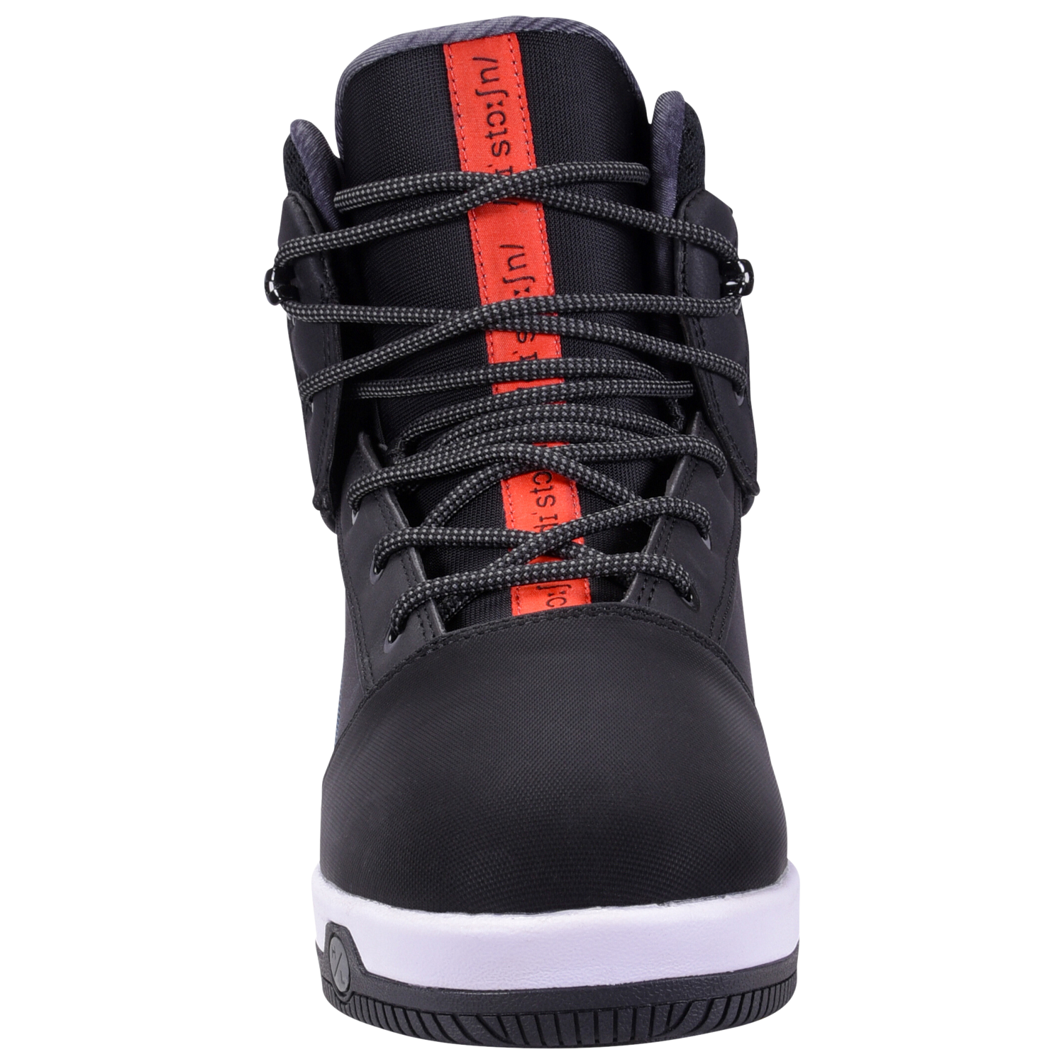 The Distortion Boot is a black high-top sneaker with red accents and a white sole.