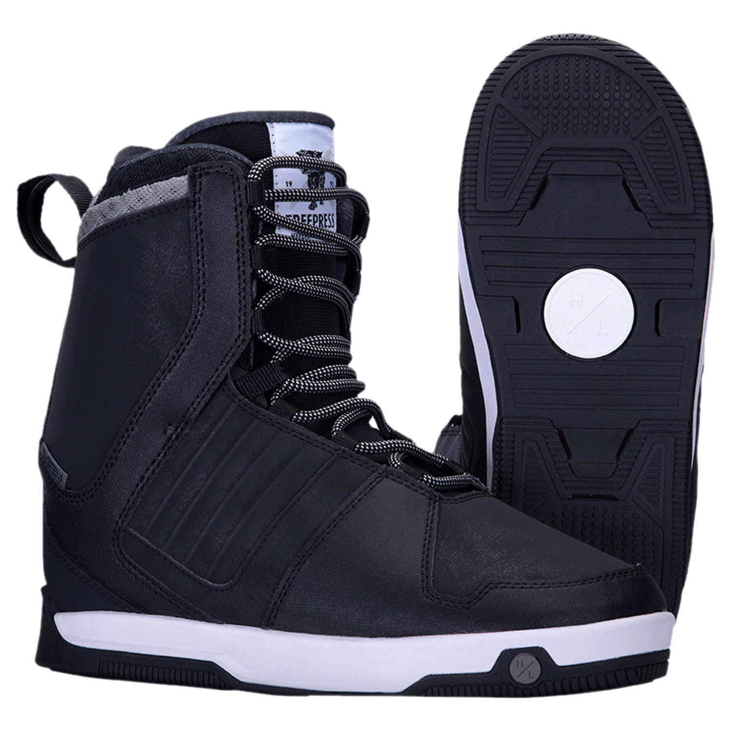 Freepress Boot 2024: Black snowboard boots with white soles, laces, and an internal ankle harness.
