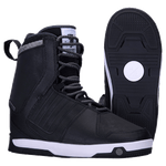 Freepress Boot 2024: Black snowboard boots with white soles, laces, and an internal ankle harness.