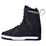 Freepress Boot 2024: Black snowboard boot with white sole, gray trim, and ankle harness.