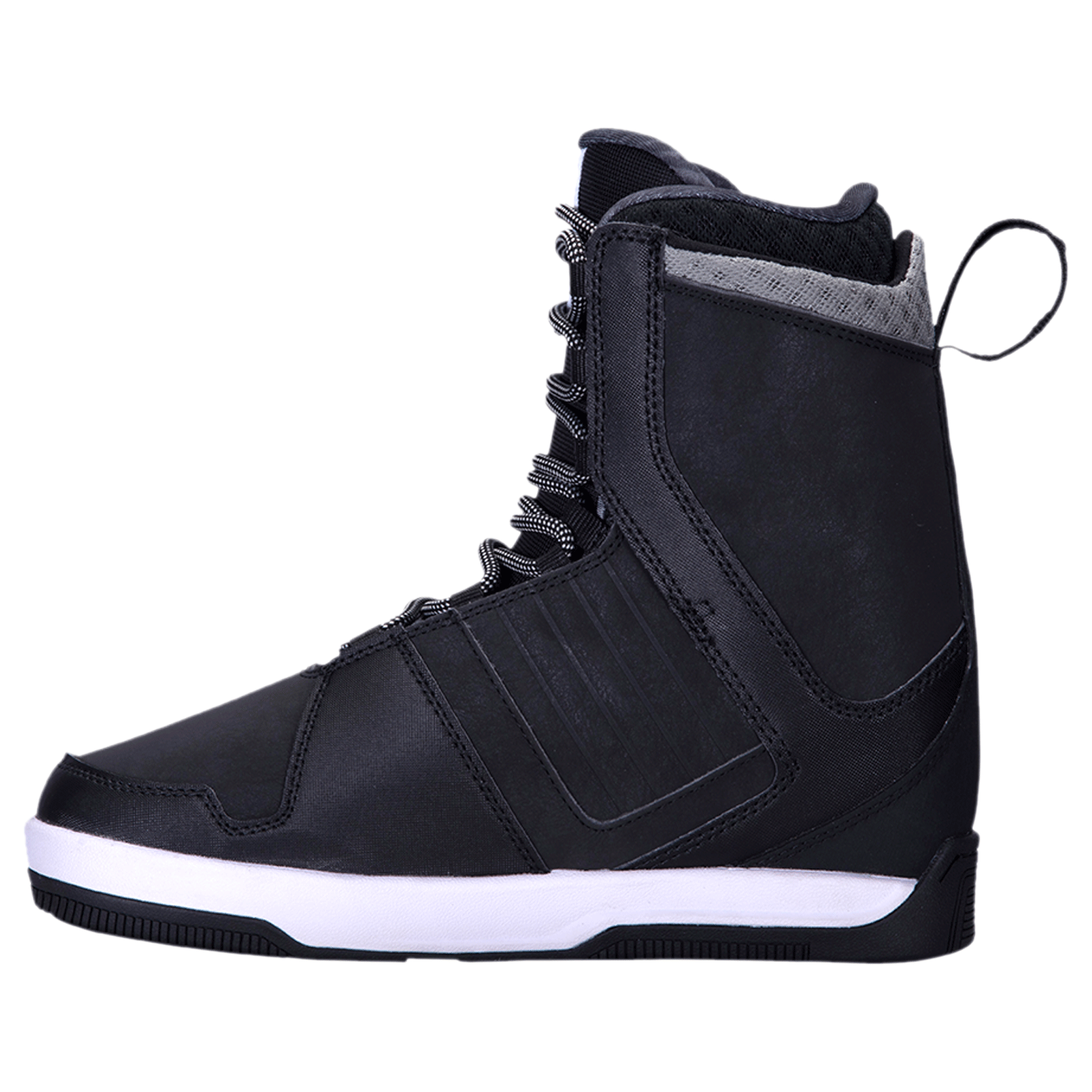 Freepress Boot 2024: Black snowboard boot with white sole, gray trim, and ankle harness.