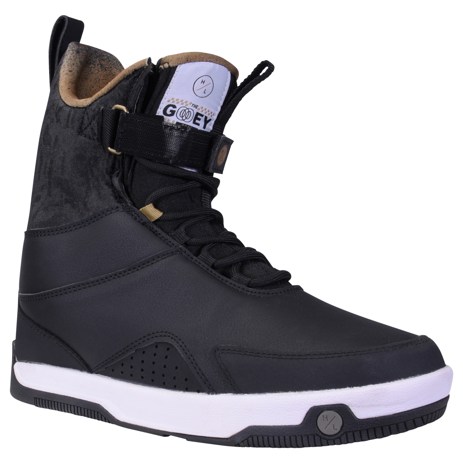 Gooey Boot: High-top black/white shoe with laces and strap.