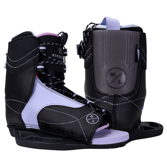 Eden Jr. w/Jinx Girls Bindings: Black/purple wakeboard boots with white stitching, asymmetrical design.