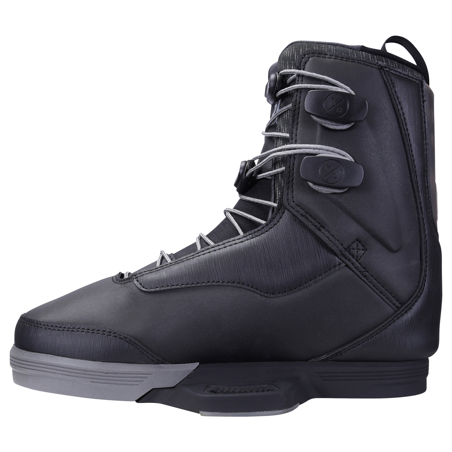A side view of the M60 Binding, a black snowboard boot with sleek design and heavy-duty laces.