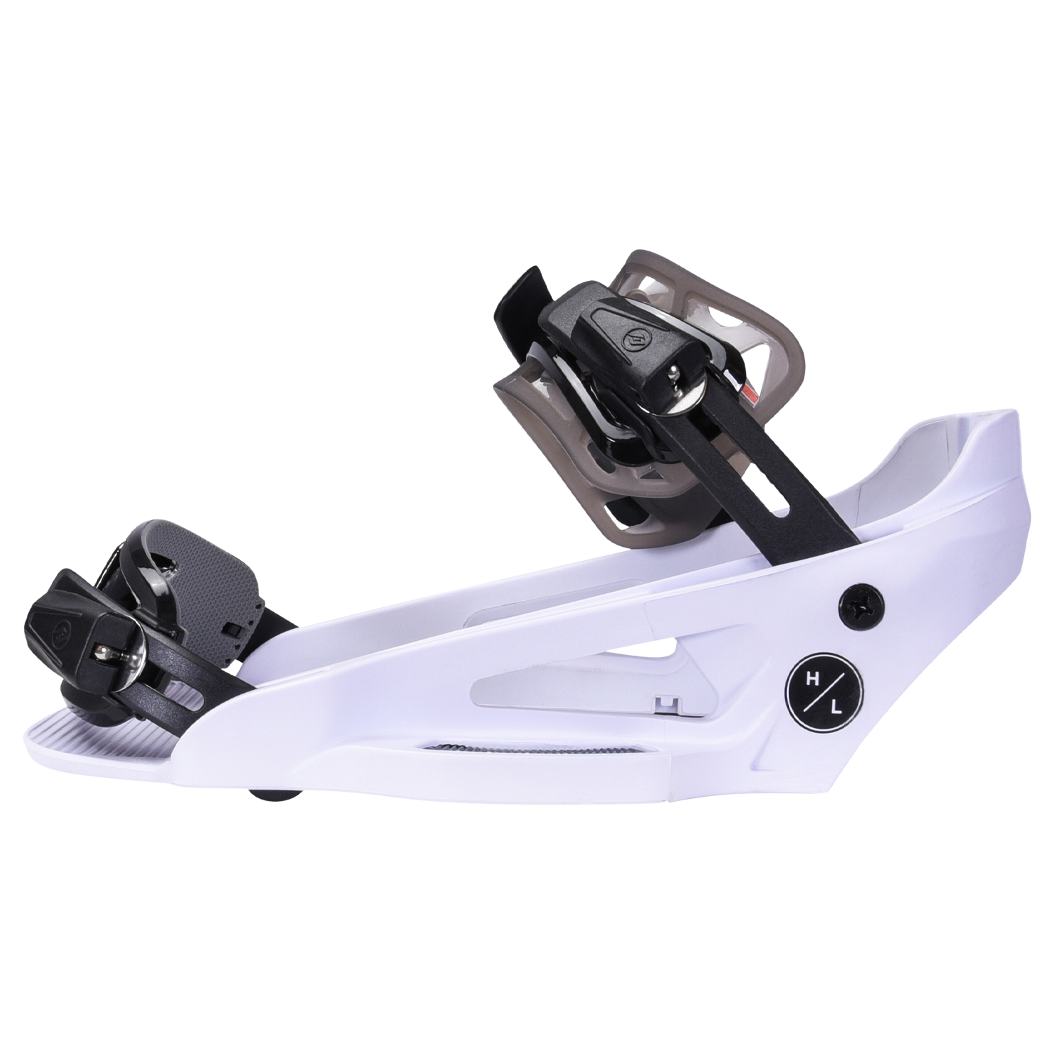 White ski binding featuring System Lowback Binding with adjustable black and gray mechanism.
