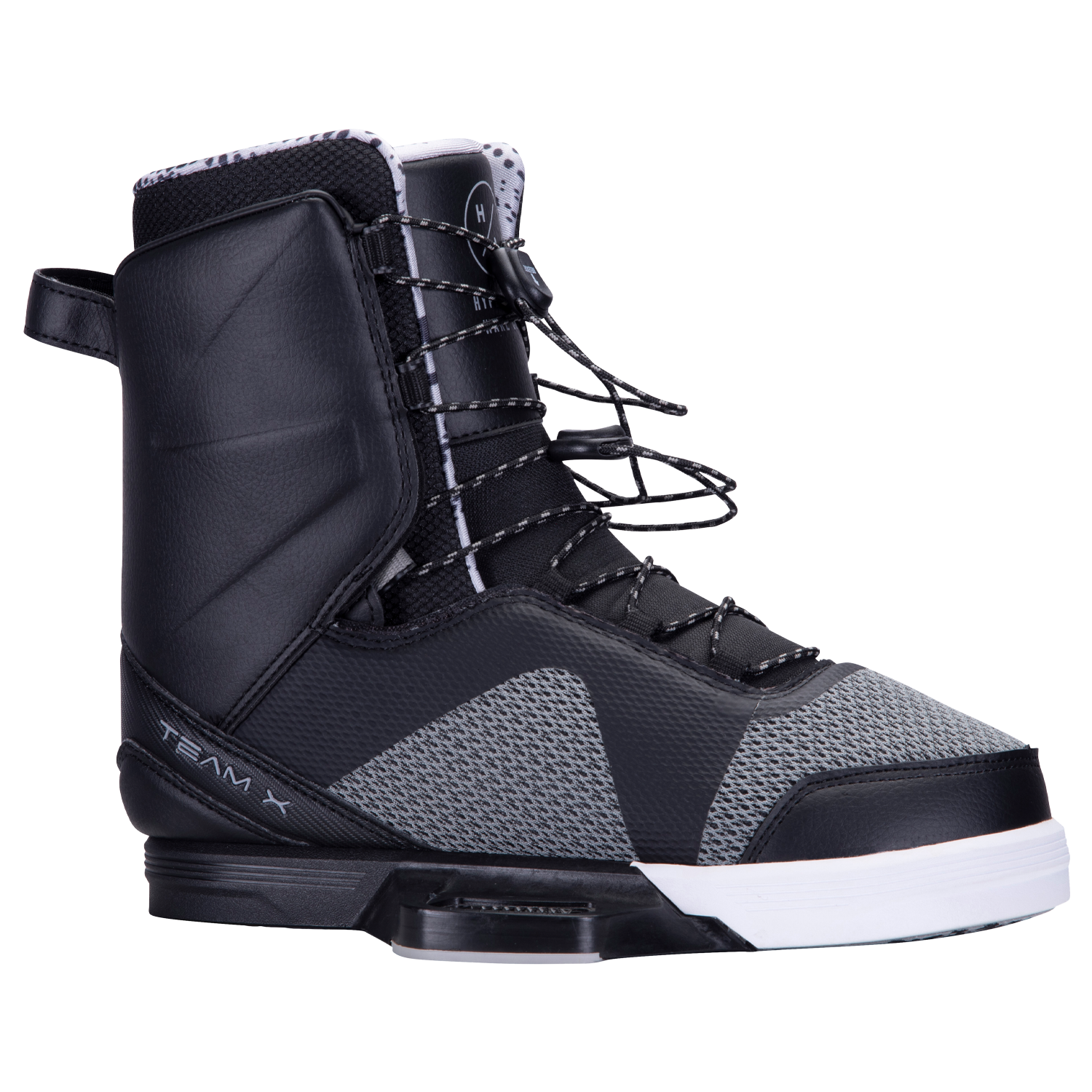 Black/gray Team X Binding, white sole, lacing, Fusion Plate System.