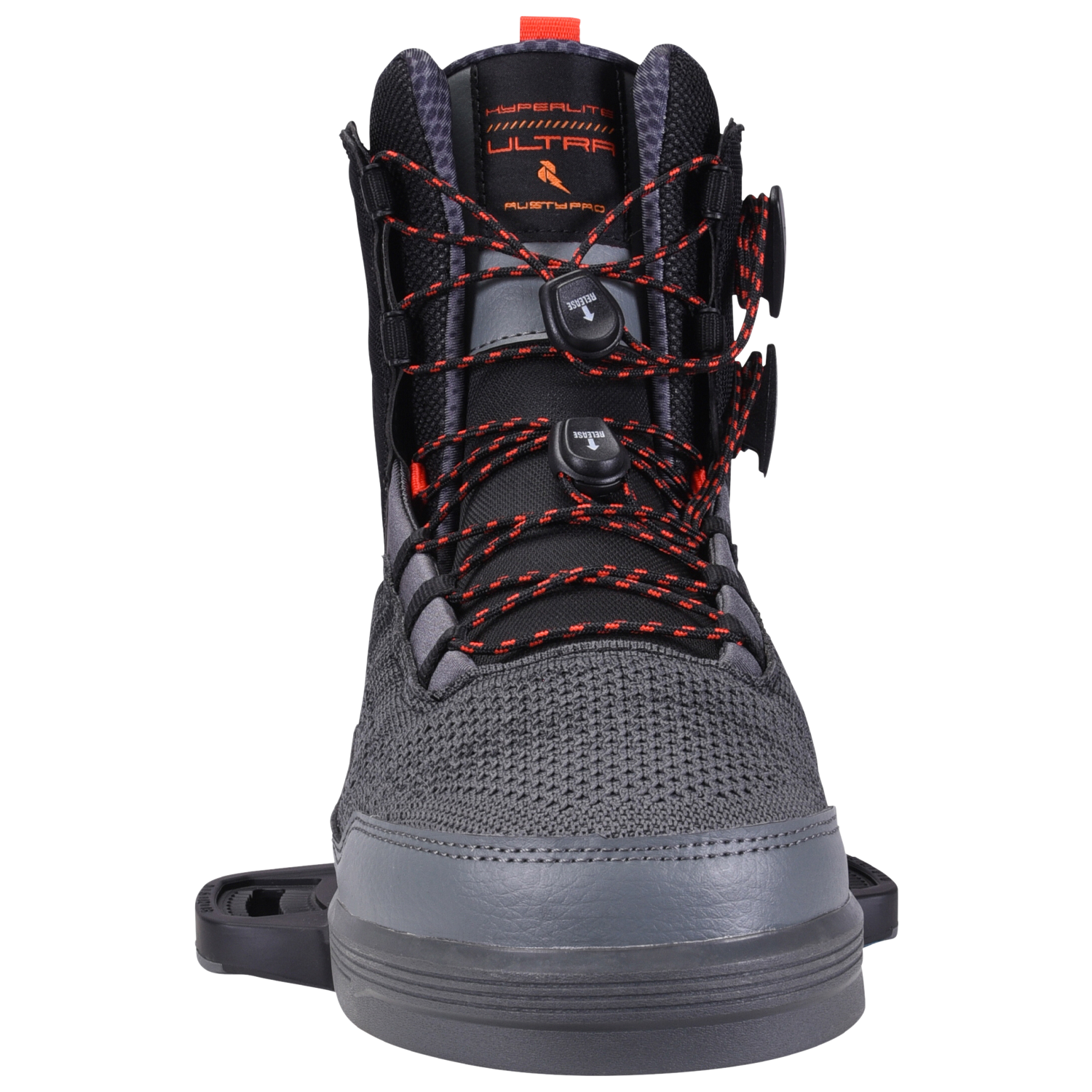 Gray & black Ultra Binding boot, red laces, sturdy sole, Fusion Plate System.