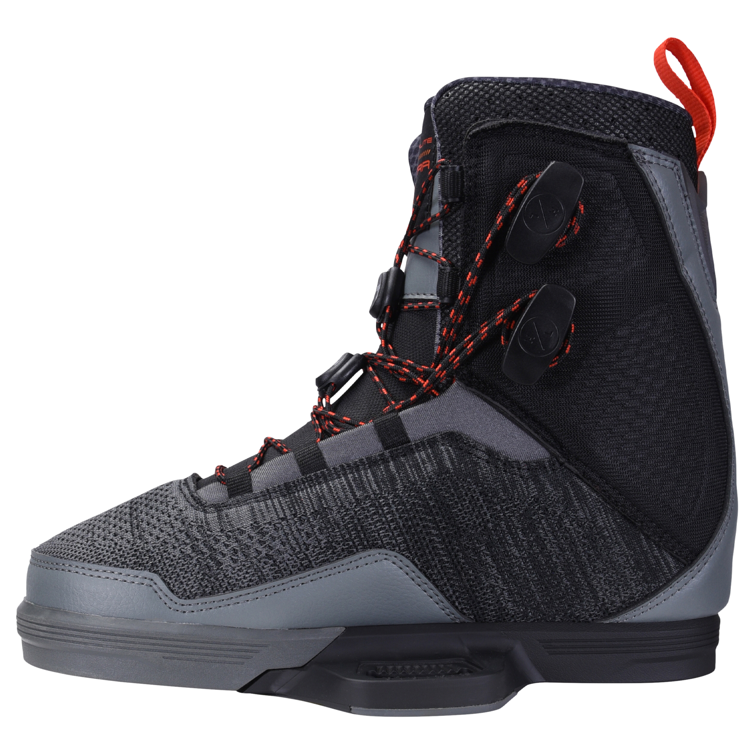 Gray/black Ultra Binding with red accents, straps, and a Fusion Plate System.