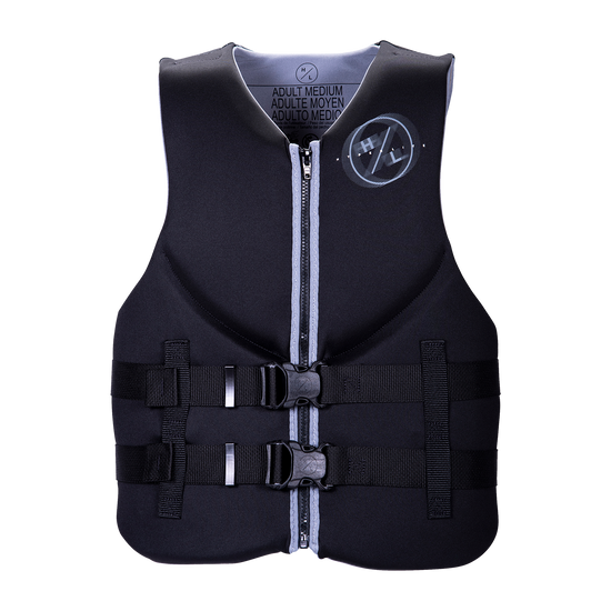 Mens Indy CGA Vest - Grey: Black, front zipper, buckle straps; vital water safety gear.