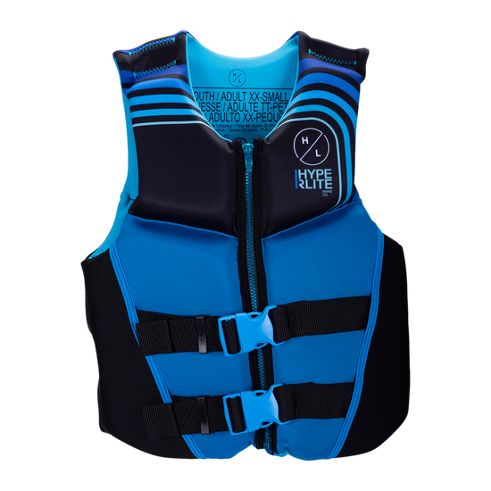 Coast Guard-approved Junior Indy CGA Vest, blue/black with buckle straps and zipper.