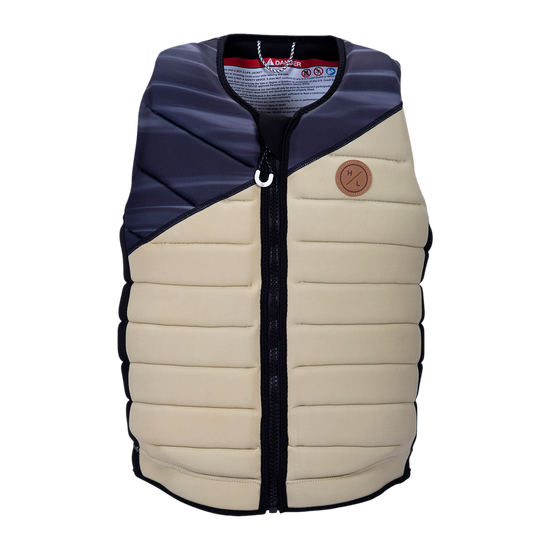 Beige/navy Wishbone Jacket with zipper, small round brown patch for wakeboarding.
