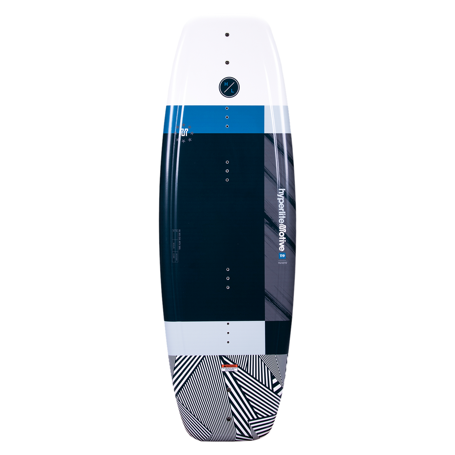 Motive Jr. 119cm wakeboard with blue, white, and black geometric design for beginners.