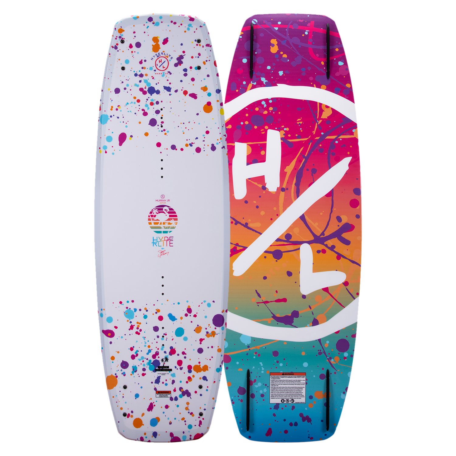 Murray Jr. Girls wakeboard with paint splatters and abstract design on both sides.