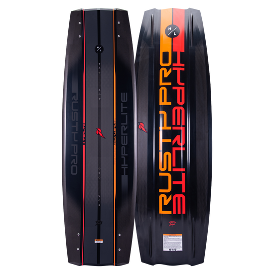 Top and base of Rusty Pro 2024 wakeboards, black with orange and red accents, featuring Biolite 3 Core.
