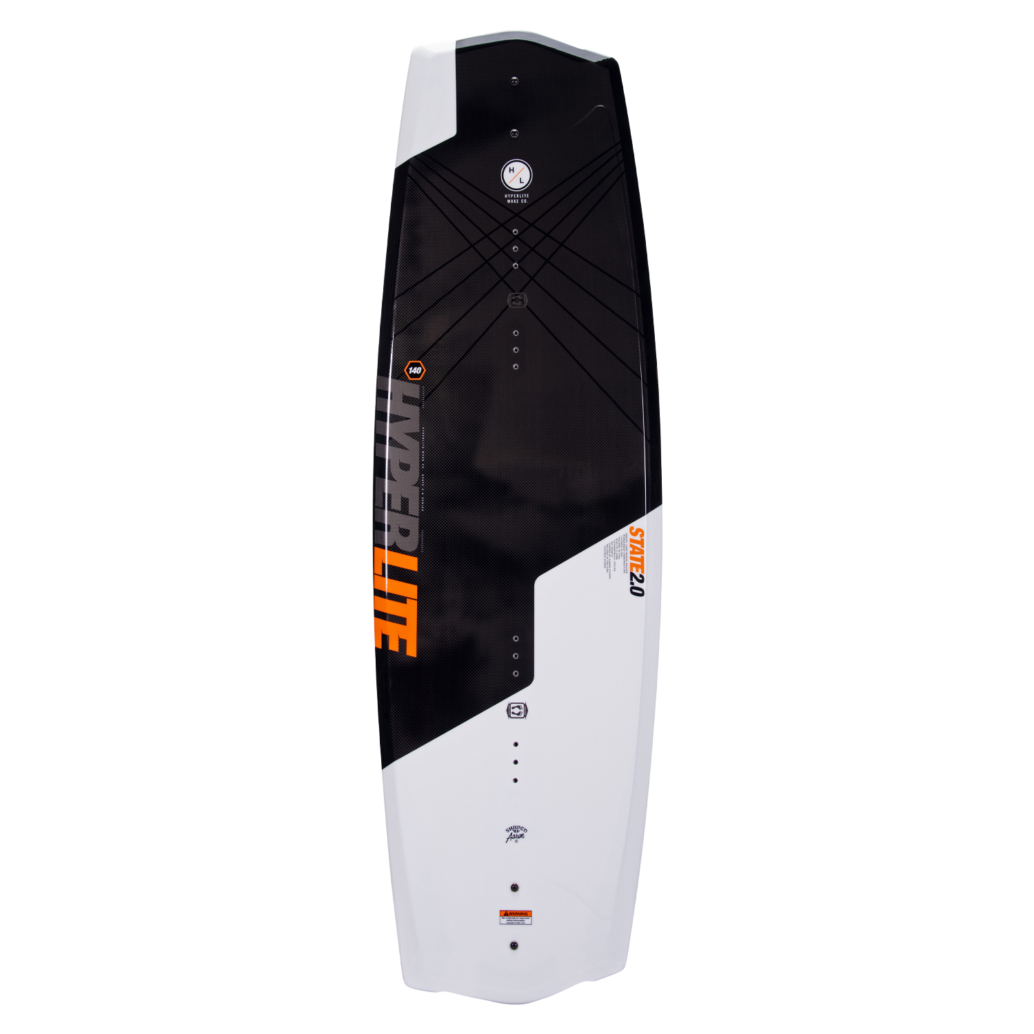 Asymmetrical State 2.0 wakeboard, black & white with orange HYPERLITE and geometric design.