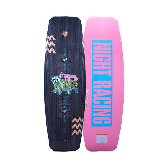 Top and base of vibrant Union 2024 wakeboard with Night Racing text and a Woodlite Core.