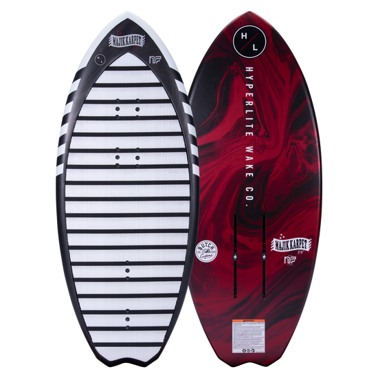 Top and base of Hyperlite wakeboard: one Majik Karpet, one maroon with a swirl pattern.