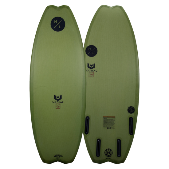 ARC 2024: Green wakeboard with black fins and logos, featuring Varial Surf Technology.
